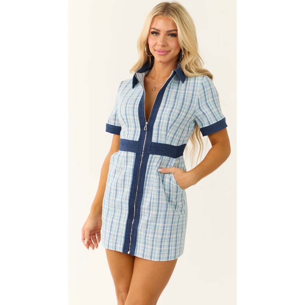 Baby Pink‎ Blue Tweed Zip Up Collared Mini Dress Short Sleeve Plaid Denim Trim M